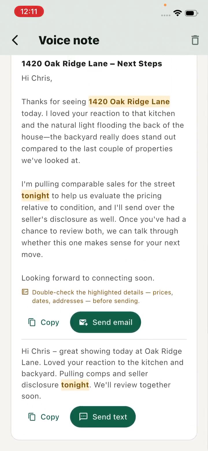 ShowingIQ follow-up email and text drafts with Send email and Send text buttons
